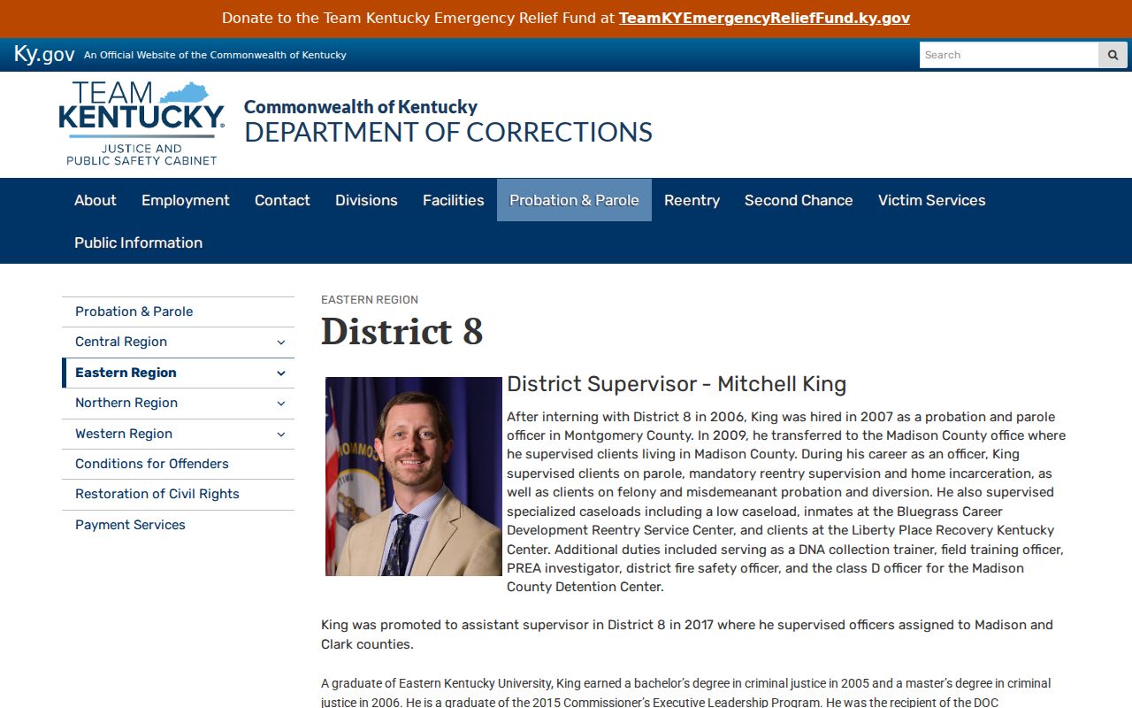 Rowan County probation and parole records office in Kentucky District 8